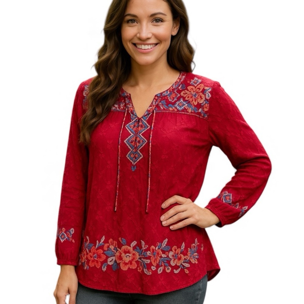 Johnny Was Gina tie neck heavily embroidered blouse NWT RARE